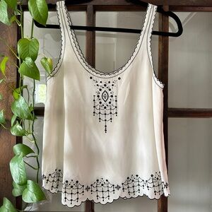 Aritzia BABATON Embroidered White and Black Women's 100% Silk Top